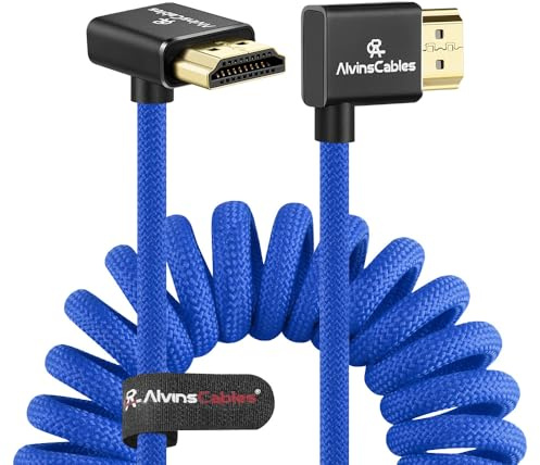 Alvin's Cables Cavo HDMI 2.1 8K 48Gbps 8K@60Hz 4K@120Hz Cavo a spirale intrecciato ad alta velocità per Sony FS5 FS7,BMPCC,Canon C300 C500,Atomos Ninja,Feelworld, Angolo da destra a verso l'alto Blu