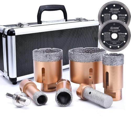 Coffret de Forets Diamantés pour Carrelage, Kit de Couronnes Diamantées Premium 9 Pièces - 20/27/35/55/68 mm Scie Cloche Diamant, Fraise, Adaptateur M14-HEX, 2 Disques à Tronçonner 125mm