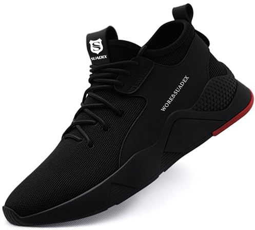 SUADEX Mens Womens Steel Toe Cap Trainers Lightweight Puncture Resistant Safety Shoes Non Slip Work Shoes (B Black UK Size 7.5)