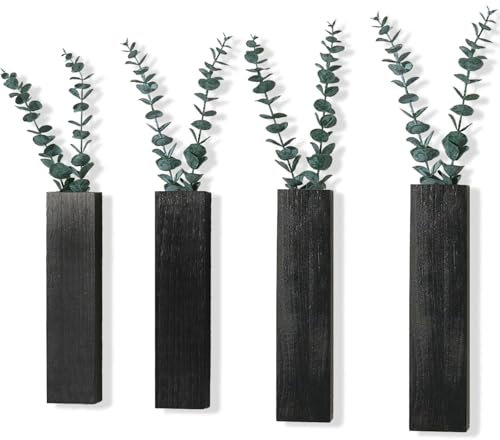 4 Packungen Wand-Pflanzgefäße aus Holz mit künstlicher Pflanze Eukalyptus, Pflanzenwanddekoration für Wohnzimmer, Schlafzimmer, Esszimmer, Badezimmer, Büro, Wandbehang Dekor, Wandvase mit