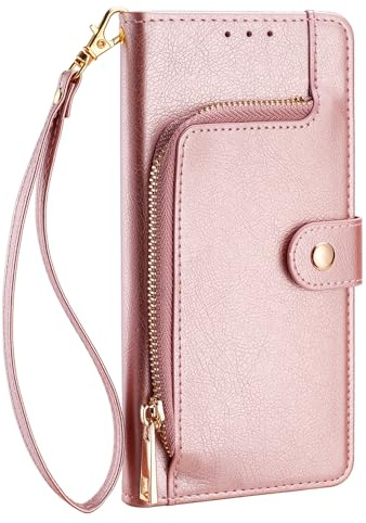 Unichthy Zipper Pouch Cover for iPhone 13 Case with Wrist Strap Shockproof Soft PU Leather Flip Magnetic Metal Button Zip Wallet Handbag Card Slots Purse Phone Cover for iPhone 13 Rose Gold