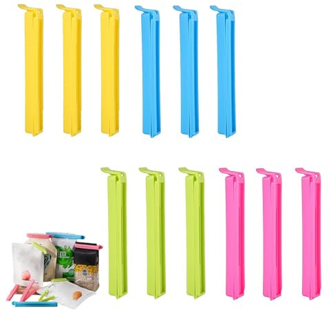 12 clip di chiusura per sacchetti di alimenti, clip per sacchetti di alimenti, clip in plastica per sacchetti di alimenti, per cucina, dolci, snack (verde/blu/giallo/rosa)