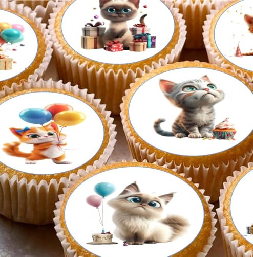 Cat Birthday Pre-cut Edible Wafer Cupcake Toppers, Party Cake Decorations, x 24