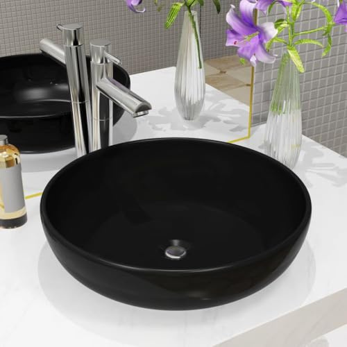 Lavabo da Appoggio Tondo, Nero in Ceramica Smaltata, Design Moderno per Bagno o Toilette, Diametro 42 cm, Altezza 12 cm