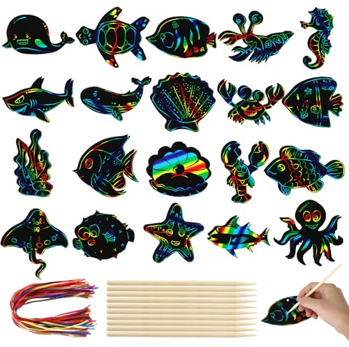 64 Blätter Kratzbilder für Kinder, 20 Styles Meerestiere Kratzpapier, Regenbogen Scratch Paper, Kindergeburtstag Basteln Set mit Bambusstift Seil für Handwerk, Geburtstag, Party Mitgebsel