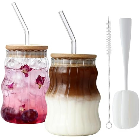 2Pk 530m Matcha Glass with Straw and Lid, Ribbed Glass Iced Coffee Cup