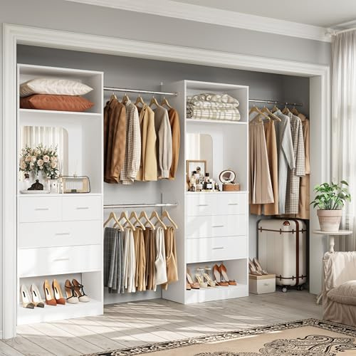 Unikito Closet Systems, 6-14FT Walk in Closet Organizer with 8 Drawers and Mirror, 168 Large Wood Closets Insert with Tower, Sturdy Wardrobe Closets Garment Rack with Extendable Hanging Rods, White