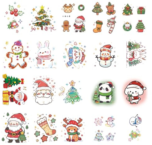 ZORVYN 20 Pièces Tatouages de Noël Pailletés pour Enfants, Décorations de Noël Cadeaux Saint-Nicolas avec Père Noël/Flocons de Neige/Bonhomme de Neige/Tatouages Festifs