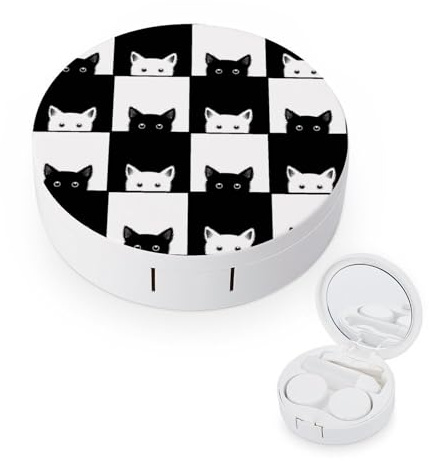 fkgvwo Contact Lens Container Black and White Cat Travel Contact Lens Box with Mirror Tweezers Solution Bottle