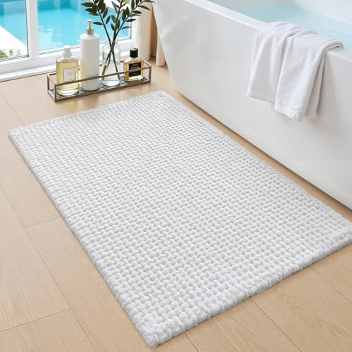 DEXI Chenille Badrumsmatta 50 x 80 cm, Mjuk Absorberande Badmatta, Halkfri Duschmatta för Badrumsgolvet Tvättas i Maskin, Vit