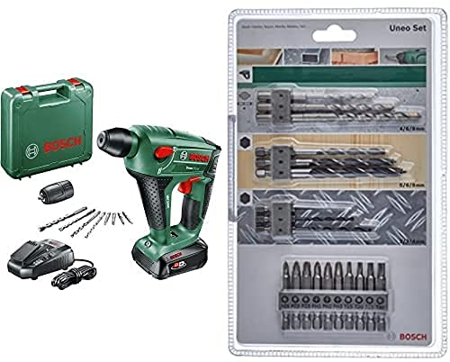 Bosch Akku Bohrhammer UneoMaxx (1 Akku, 18 Volt System, 10 mm Bohr-Ø Beton, im Koffer) + Bosch 19tlg. Uneo Mixed-Set (Zubehör für Uneo)