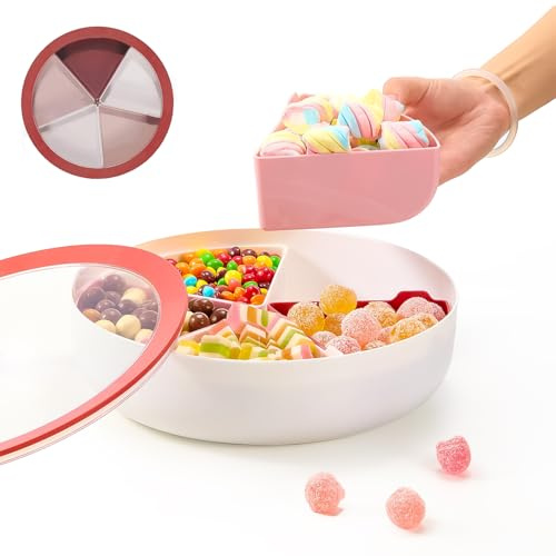 HAYAN Geteiltes Serviertablett mit Deckel und Griff Klar Aufbewahrungsbehälter Box mit 5 Kunststofffächern für Süßigkeiten, Obst, Nüsse, Snacks (Rot)