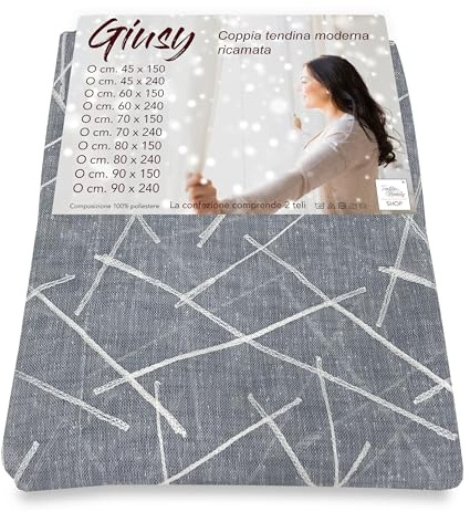 Tex family Tendina Giusy Grigio - Coppia Tende Vetro Moderne Semitrasparenti Effetto Bouclè in Poliestere - Coppia (2 Teli) CM. 45x150