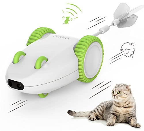 PETGEEK Juguetes automáticos de ratón para gatos, juguetes interactivos para gatos de interior, juguetes eléctricos de detección inteligente con varita de hierba gatera, control remoto recargable por