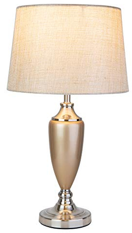 Lighting Supermarket Malham Large Classic Ceramic Table Lamp with Matching Shade (Champagne Gold & Silver - Natural Linen Shade)