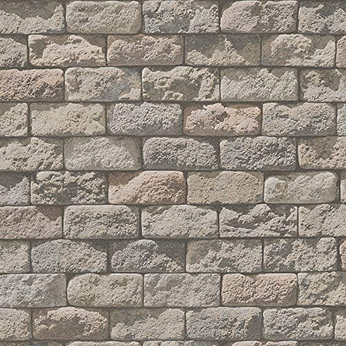 Mauertapete in Braun Grau | Ausgefallene Tapete in Steinoptik mit Sonnenlicht | Steinwand Tapete aus Papier für Wohnzimmer