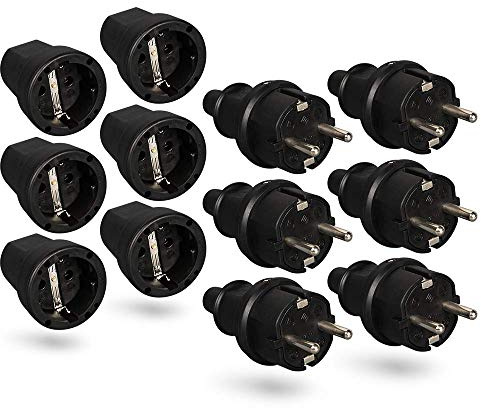 BabbleCom BabbleCom HEITECH 6 x Stecker und 6 x Gummibuchse. Stecker und Steckdose mit Knickschutz, schwarz, 250 V, 16 A, IP20 für den Innenbereich. Stecker