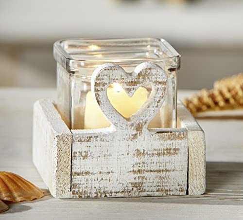 Dekoleidenschaft Windlicht Weißes Herz aus recyceltem Holz & Glas, Kerzenhalter eckig, Teelichthalter quadratisch, Tischdeko, Windlicht-Glas, Herz-Deko