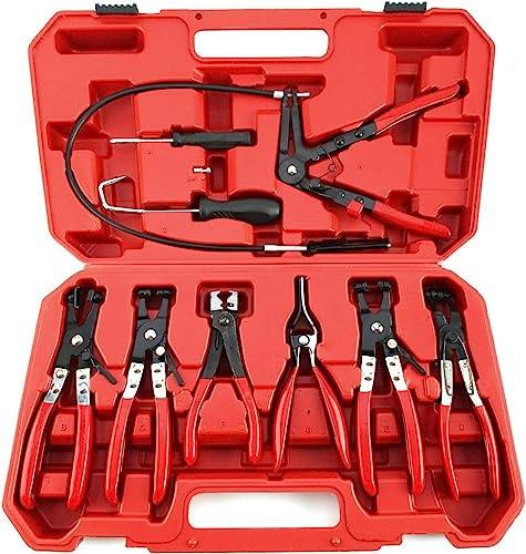 Supernic 9PCS Hose Clamp Pliers Flexible Spring Long Hose Clip Pliers Carbon Steel Automotive Car Maintenance Repair Tools with Case for Fuel Pipes Oil Pipes Radiator (Red)