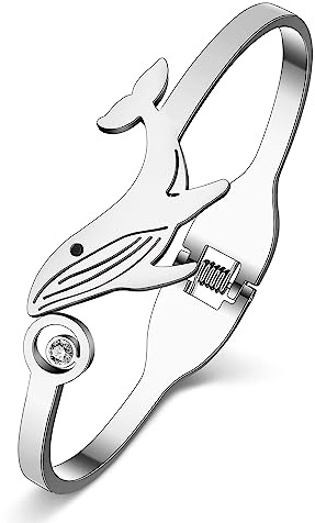 DOWAY Edelstahl Delfin Armband Cute Octopus Wal Manschette Armreif Armbänder Meerestiere Schmuck Charms Ocean Beach Geschenke für Damen Mädchen (Versilberter Wal)