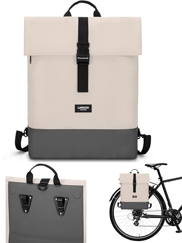 LARKSON Bolso Alforja para Bicicleta Beis Gris - Tammo Bike - 2 en 1 Mochila de Ciclismo y Bolsa para Rack Trasero de Bici, Morral Material Reciclado - Repele Agua