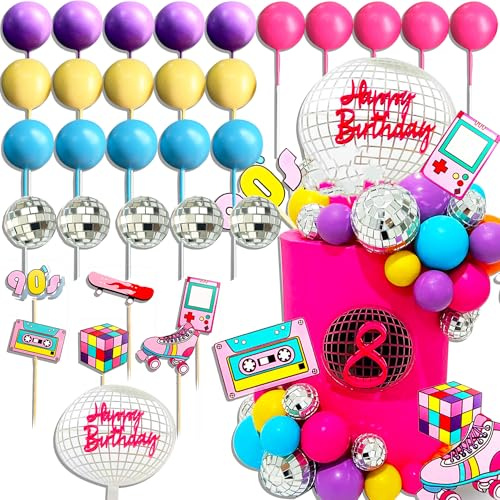 JeVenis Rolling Skate Shoes Disco Balls Cake Topper BACK to 90S Cake Decoration Lets Roll Cake Decorations 70s Party Supplies 70s Birthday Cake Decoration Disco Bachelorette Party Supplies