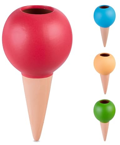 Relaxdays Tonkegel Bewässerung, 4er Set, je 300ml, Gießhilfe für Zimmerpflanzen, Kugel-Design, Bewässerungsstecker, bunt