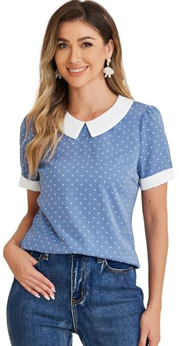 Allegra K Femme Chemise Col Claudine Vintage 1950s Pois Blouses | Col Claudine Couleur Contrastée Manches Courtes Imprimé Pois Printemps Été