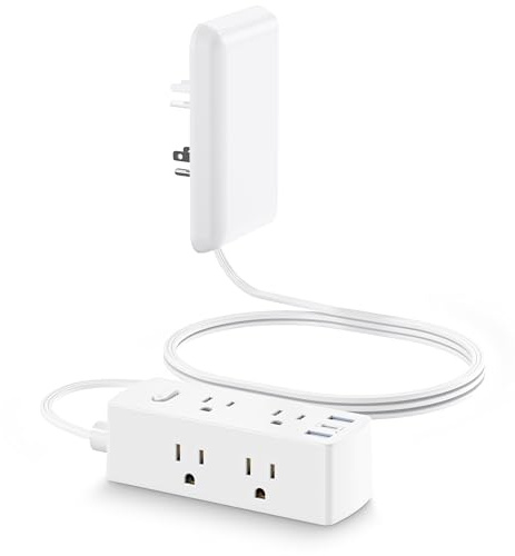 Olcorife Flat Extension Cord with Outlet Cover, Flat Plug Power Strip with 6 Outlets and 3 USB Ports, 2000 Joules Surge Protector, 5 FT Cord Hidden Outlet Extender for Tight Spaces, White
