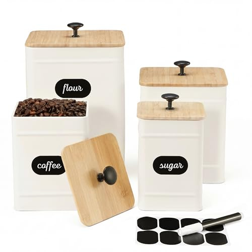 PERFNIQUE Kitchen Canisters, Airtight Canister Sets for Kitchen Counter, Kitchen Canisters for Countertop Set of 4, Coffee Tea Sugar Flour Spice Tin Jars Food Storage Container with Lid(White)