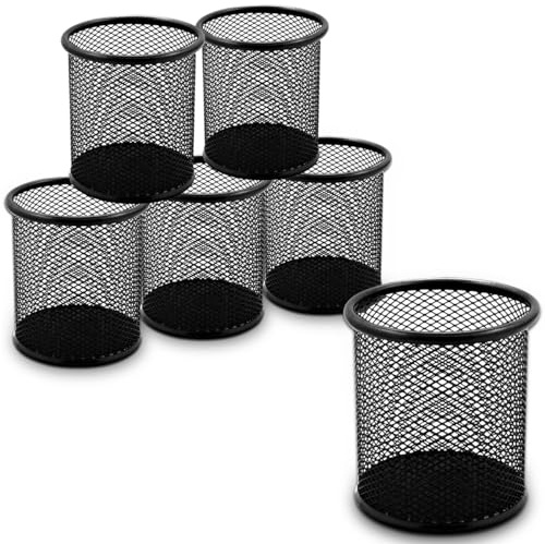 Waytex Lot de 6 Pots à Crayons de Bureau en Métal mailles Mesh Porte Stylos Rond Noir