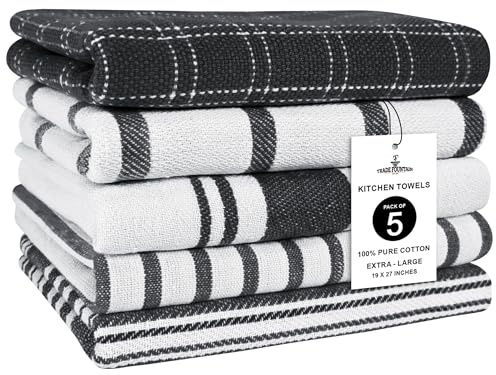 Trade Fountain Tea Towels - Pack of 5 Tea Towels for Kitchen Accessories - 50 X 70 CM Kitchen Towels - Extra Absorbent Dish Cloth - 100% Pure Cotton (BLACK)