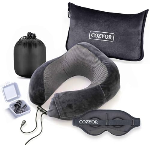Cozyor Kit de Voyage 4 pièces : Coussin de Nuque + Masque de Sommeil + Oreiller de Voyage & Couverture de Voyage 2 en 1 + Bouchons d'oreille, avec Clip de Sac à Dos et Fixation pour Valise