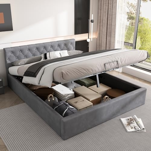 Gegtuon Polsterbett Doppelbett 140x200 cm, Bett mit Hydraulisches Stauraum und Kopfteil, Stauraumbett Bettgestell mit Lattenrost aus Holz, Jugendbett Rückenlehne Flachbett, ohne Matratze, Samt, Grau