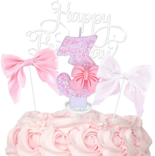 Geburtstagskerzen Zahlen 3, Happy Birthday Tortendeko, 3 Geburtstag Mädchen, Glitzernde Rosa Fliege kuchendeko 3. Geburtstag, Happy Birthday Cake Topper, Zahlenkerze für Geburtstagsdeko