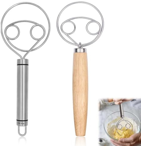 2 Pezzi Frusta per pasta danese, frusta per impasto danese, frusta olandese, frusta per uova con manico in legno frullatore 304 filo in acciaio inox per la produzione di pane