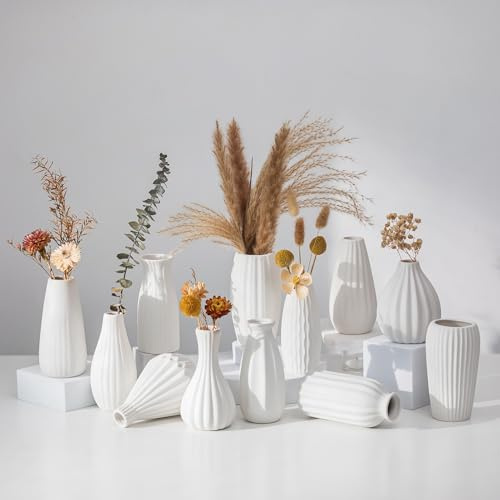 NUPTIO Weiße Kleine Vasen für Tischdeko: Vasen Set Keramik, 12 Stück | Wasserdicht, Moderner Landhausstil/ Boho Deko, Gerippte Blumenvase für Pampasgras, Wohnzimmer, Regal, Couchtisch, Hochzeit