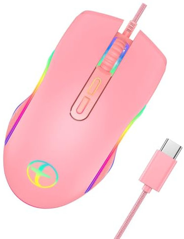 HOMSFOU Souris USB Filaire pour Gamer Femme, Design Lumineux RGB Rose, Connecteur USB Type-c, Souris D'ordinateur Optique Rétroéclairée, Usage Gaming Et Bureau