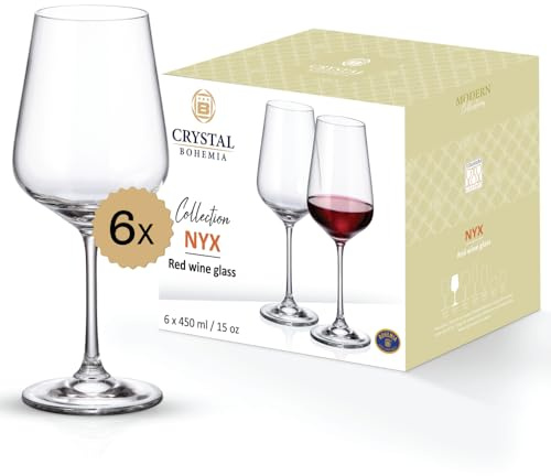 Crystal Bohemia Rotweingläser - 6er Set, je 450 ml, spülmaschinenfest, stoßfest, kratzfest & elegant - Klassische Kristallgläser für Rotwein - Ideal für Dinnerpartys & als Geschenk