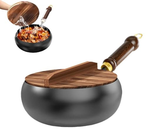 Padella in Ghisa Piena di Mano con Coperchio in Legno - Padella Profonda per Frittura Ad Alta Temperatura, Stufati, Cottura - Gas E Induzione Compatibile 24cm
