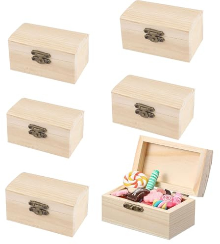 Holzkiste Klein, Ein Satz von 6 Stück Holz Schmuckkästchen, Kleine Hölzerne Schatztruhe, Rechteckige Holzkiste, Schatzkiste mit Deckel, für Geburtstagsfeiern und DIY