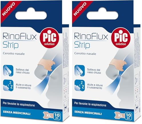 Pic Solution RinoFlux Strip Cerotti Nasali Respira bene, facilitano la respirazione, Donano immediato sollievo dai disturbi della Congestione Nasale, Confezione da 20 Pezzi, Dimensioni XL