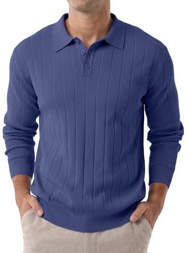 Hisir Mens Polo Jumpers Long Sleeve Winter Knit Sweater Shirts Regular Fit Casual Classic Vertical Stripes Tops