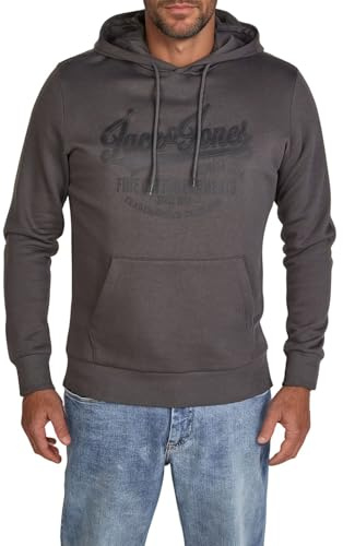 JACK & JONES Hoodie herr regular fit JJEADRIAN plus size huvtröja tröja tryck svart grå grön brun beige blå S M L XL XXL 3XL 4XL 5XL 6XL 7XL 8XL, Asfalt (Jack & Jones), 8XL