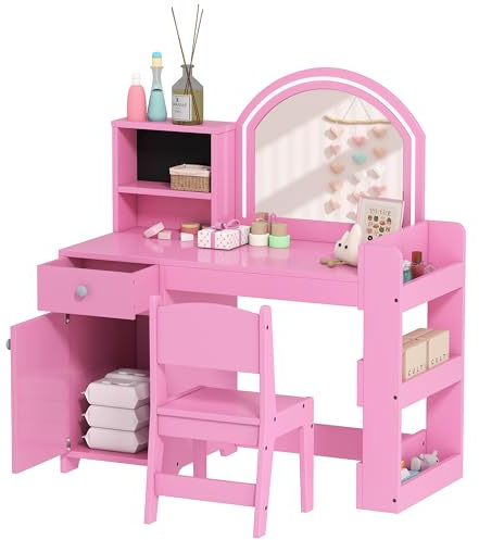 AIYAPLAY Tavolino da toilette per bambini con sgabello e specchio a LED, tavolino da toilette per bambina in legno con cassetto, armadietto, 2 scomparti aperti e 3 ripiani, tavolino da trucco per