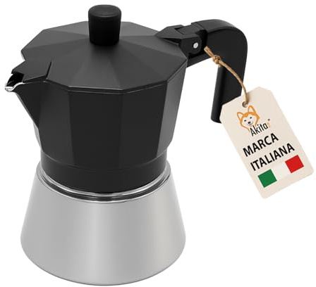 AKITAInk Moka Acciaio Inox Nero - Caffettiera Espresso per Induzione, Design Elegante, Manico Ergonomico, Caffè dal Gusto Autentico, Adatta a Tutti i Piani di Cottura (6 Tazze)