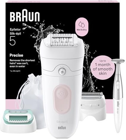 Braun Silk·épil 5, Wet & Dry Epilator, Easy Hair Removal, Lasting Smooth Skin, Includes Shaver Head, Trimmer Comb, Beginner Cap and Bikini Trimmer, 5-251, Flamingo Pink
