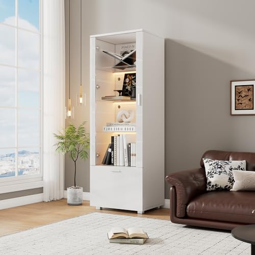 Wiuzo Weiß Hochglanzvitrinen mit Acryltür, 50x40x160cm, LED-beleuchtete Acryl-Vitrine, Vitrinen für Sammlerstücke, Parfümschränke, Bücherregale(3 Fachböden)