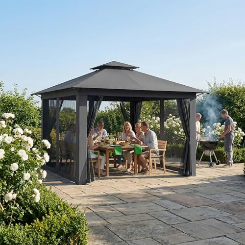 PEILU 3x3m Gartenpavillon, Pop-up Gartenlauben mit 4x4m Doppeldach & 4 Moskitonetzen & Tragetasche mit Rollen, 3-Stufen Höhenverstellbar Faltpavillon für Garten Grillpartys (Anthrazit)