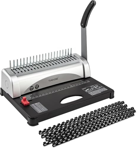 TIANSE Encuadernadoras, 21 orificios, 450 hojas, Encuadernadoras en espiral con kit de inicio 100 PCS 3/8 '' Espinas de encuadernación en peine, Máquina de encuadernación con peine negro